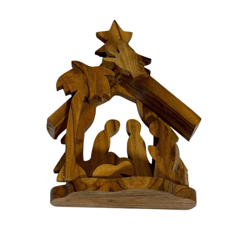 Christmas Nativity Scene Natural Wood Handmade Hand Carved Holy Baby Jesus Mary